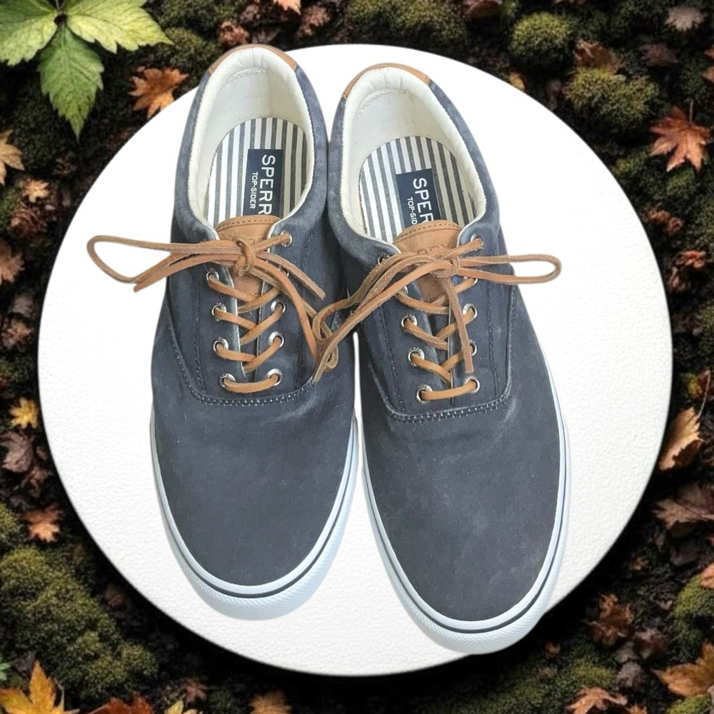 Sperry Top-Sider Dark Gray Blue Stripes II CVO Canvas & Leather Shoes Men Sz 12